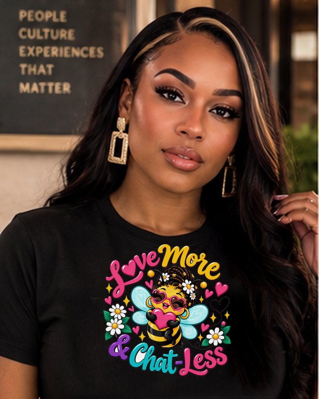 The Bee Tee in blush colors, worn on black: the bee hugging a heart, Love More and Chat-Less lettering