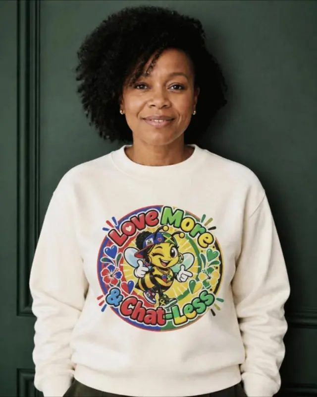The Bee Crewneck in cream, worn: the Islands bee in the flag-colored circle