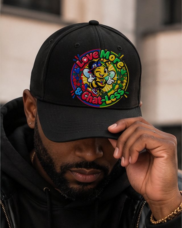 The Dad Hat in black with the Love More and Chat-Less bee in Haiti and Jamaica colors printed on the front, worn