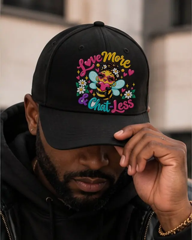 The Glasshouse Dad Hat in black with the Love More and Chat-Less bee printed on the front, worn