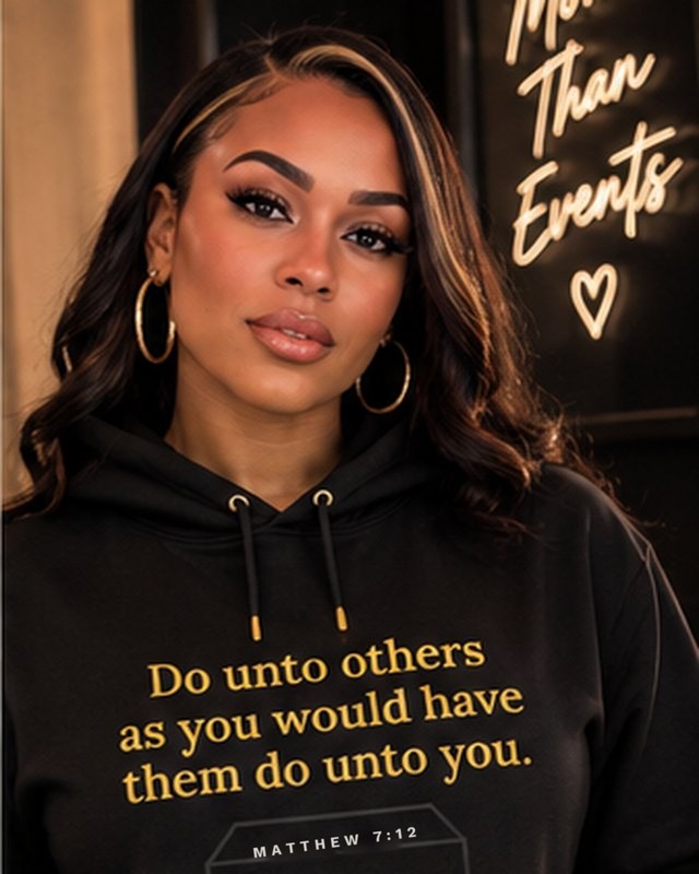 The Creed Hoodie in black, worn: Do unto others as you would have them do unto you, Matthew 7:12