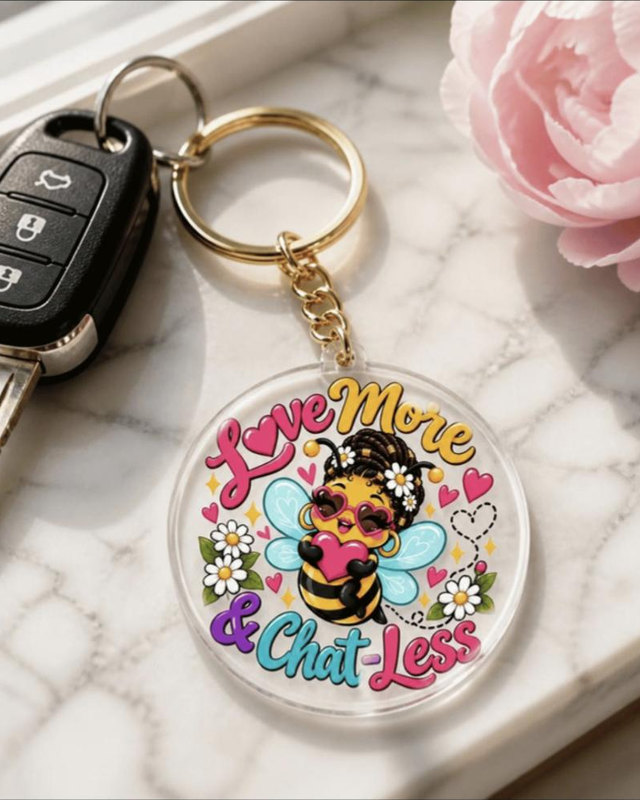 The Bee Keychain: clear acrylic keychain with the blush bee and a gold ring, next to car keys