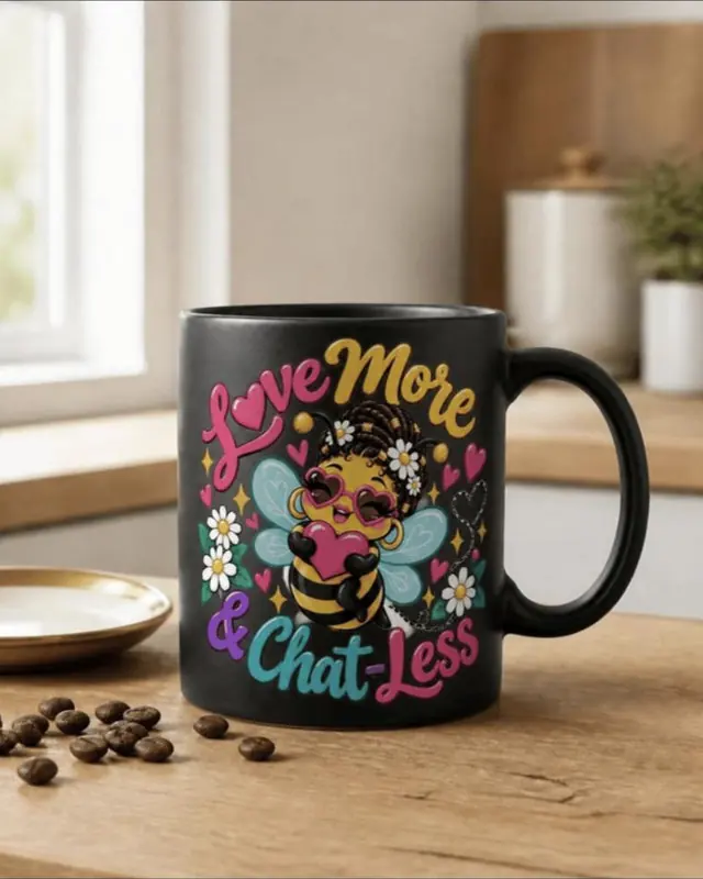 The Bee Mug: glossy black mug with the blush bee and Love More and Chat-Less lettering