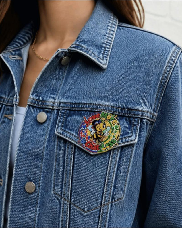 The Bee Pin: hard enamel pin of the Islands bee on a denim jacket pocket