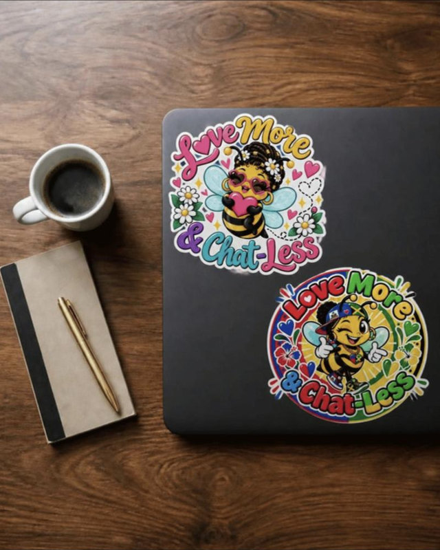 Bee sticker pack: both bees as die-cut vinyl stickers on a laptop