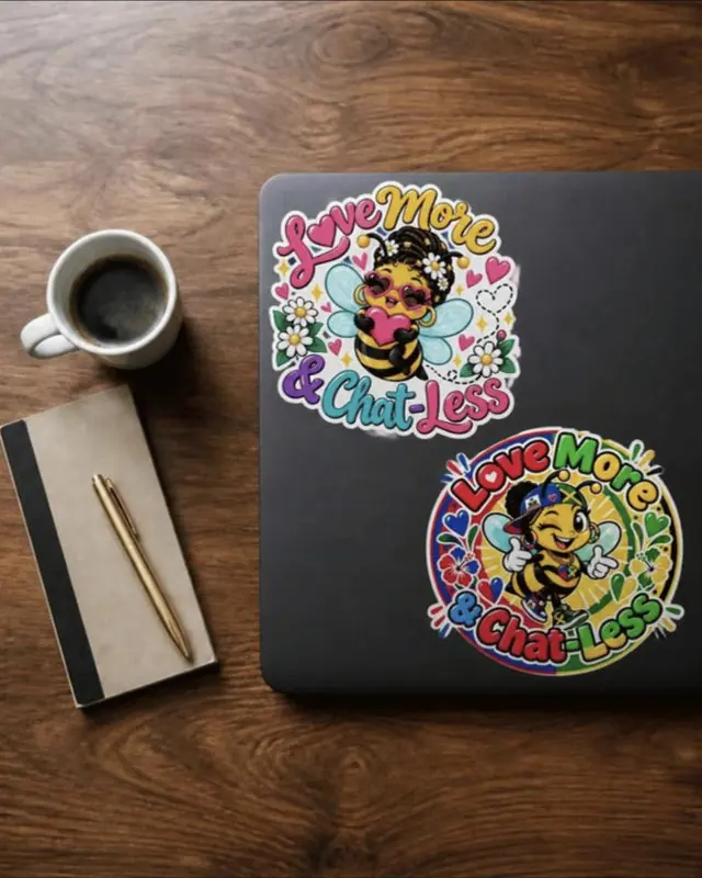 Bee stickers: both bees as kiss-cut vinyl stickers on a laptop