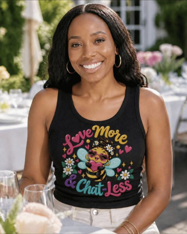 The Bee Tank in black, worn: the blush bee hugging a heart with Love More and Chat-Less lettering