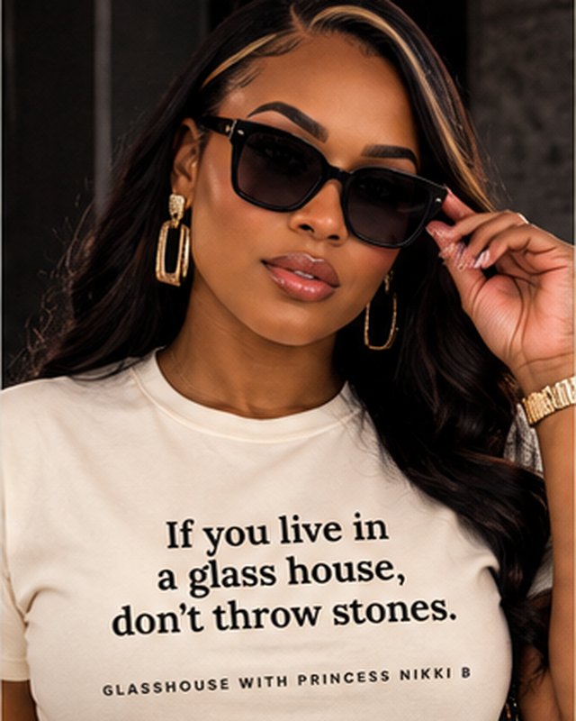 The Don&rsquo;t Throw Stones Tee in cream, worn: If you live in a glass house, don&rsquo;t throw stones