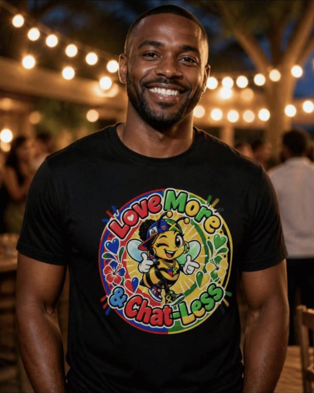 The Bee Tee in Haiti and Jamaica colors, worn on black: the winking bee in the flag-colored circle