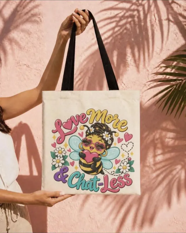 The Bee Tote: natural canvas tote with black handles and the blush bee printed on the front