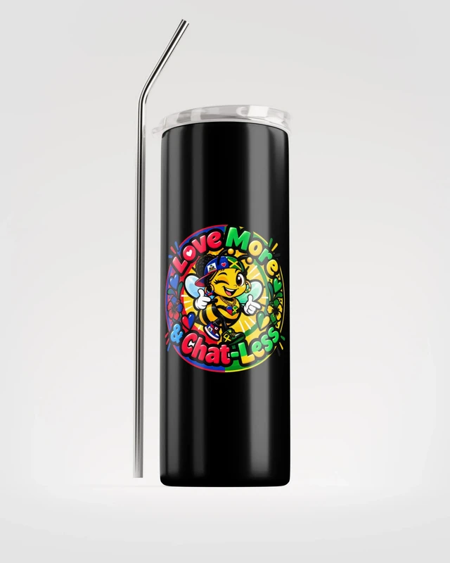 Bee Tumbler in Haiti and Jamaica colors: black insulated tumbler with straw, the winking bee in the flag-colored circle