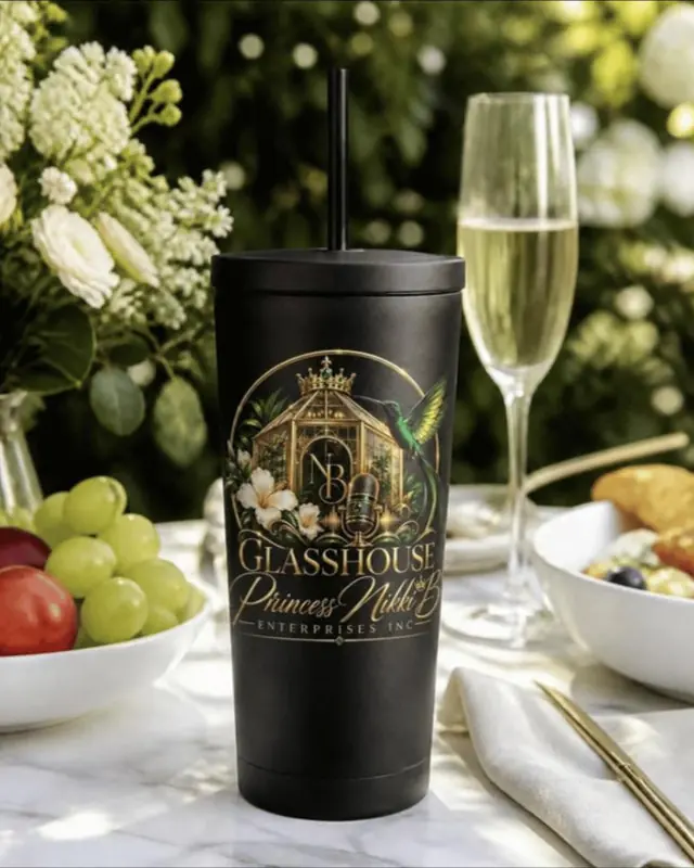 The Glasshouse Tumbler: black insulated tumbler with straw and the GLASSHOUSE wordmark in gold