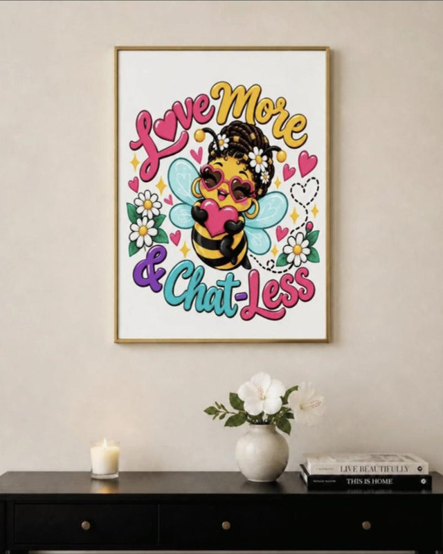 The Bee Print framed on a wall: the blush bee with Love More and Chat-Less lettering on white