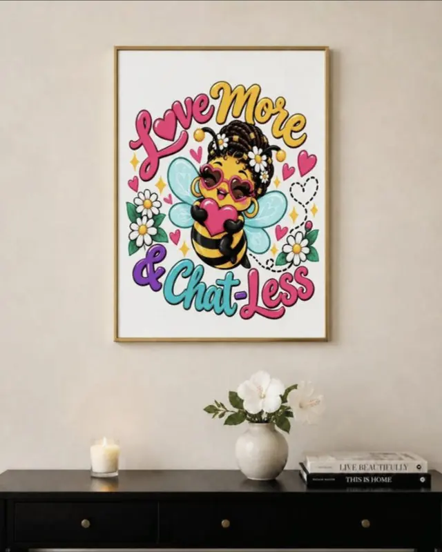 The Bee Print framed on a wall: the blush bee with Love More and Chat-Less lettering on white