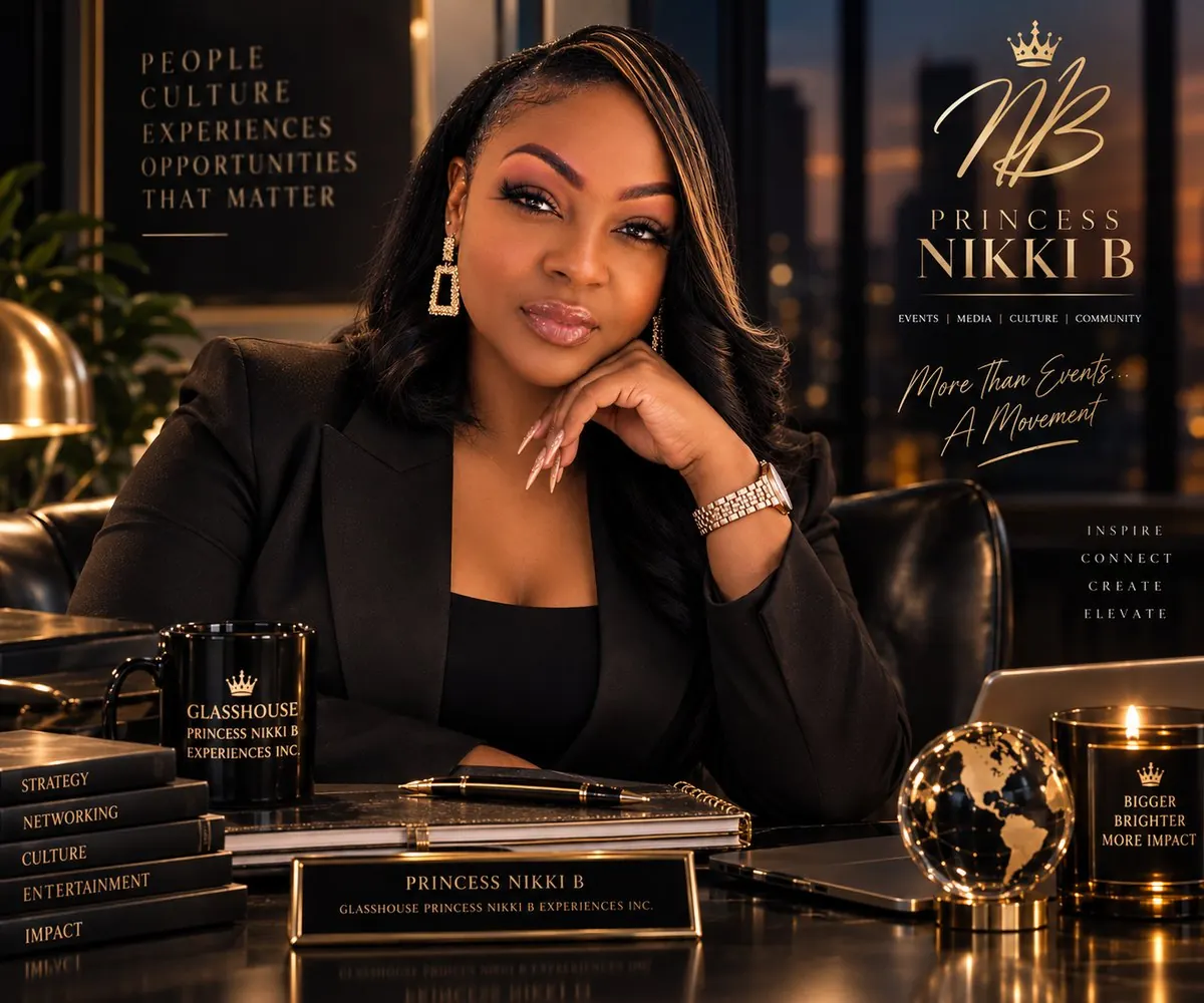 Princess Nikki B at her desk: strategy, networking, culture, entertainment, impact. More than events, a movement.